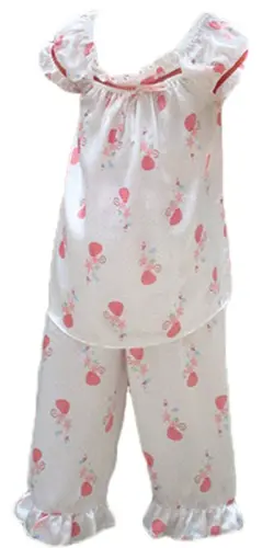 silke pyjamas pige, hvid silke satin med jordbær print, 100% silke