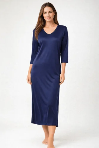 100% mulberry silke jersey natkjole blå med 3/4 ærme, en lang natkjole.
