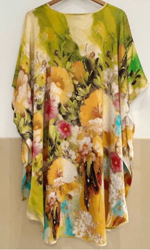 Silke Batwing Natkjole 100% silke 19momme, Blomster mønster