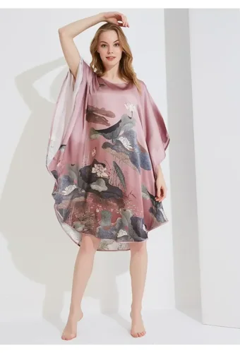 Silke Batwing Natkjole 100% silke 19momme, Lotus Blomster farve gammel rosa