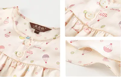 Silke pyjamas bluse med luftballon print, stof med mønster i pastelfarver på lys stof baggrund