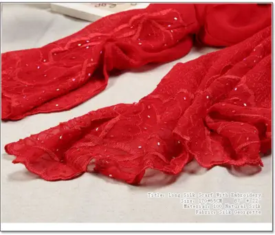 Silke tørklæde med broderi rødt 100% silke