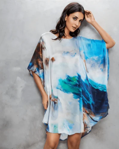 Silke Batwing Natkjole 100% silke 19momme, ink painting mønster