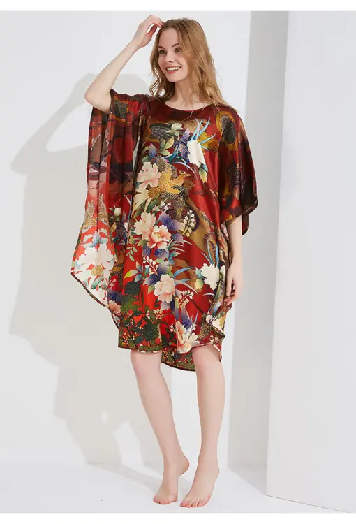 Silke Batwing Natkjole 100% silke 19momme, phoenix Bourgogne med masser af flotte blomster