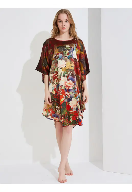 Silke Batwing Natkjole 100% silke 19momme, phoenix Peony Bourgogne med masser af flotte blomster
