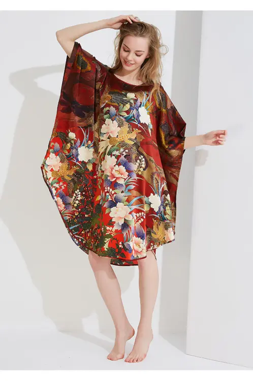 Silke Batwing Natkjole 100% silke 19momme, phoenix Bourgogne med masser af flotte blomster