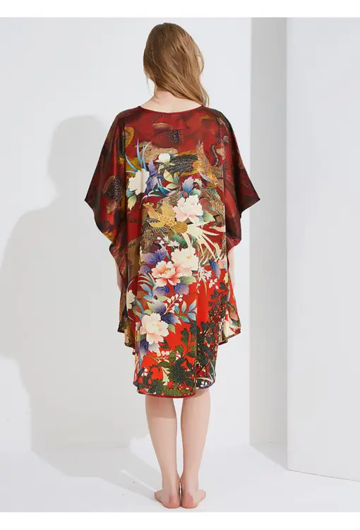 Silke Batwing Natkjole 100% silke 19momme, phoenix Bourgogne med masser af flotte blomster