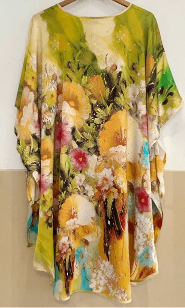 Silke Batwing Natkjole 100% silke 19momme, Blomster mønster