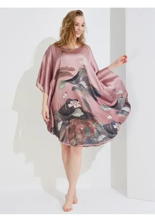 Silke Batwing Natkjole 100% silke 19momme, Lotus Blomster farve gammel rosa
