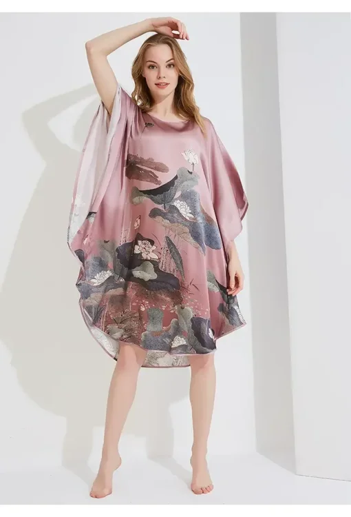 Silke Batwing Natkjole 100% silke 19momme, Lotus Blomster farve gammel rosa