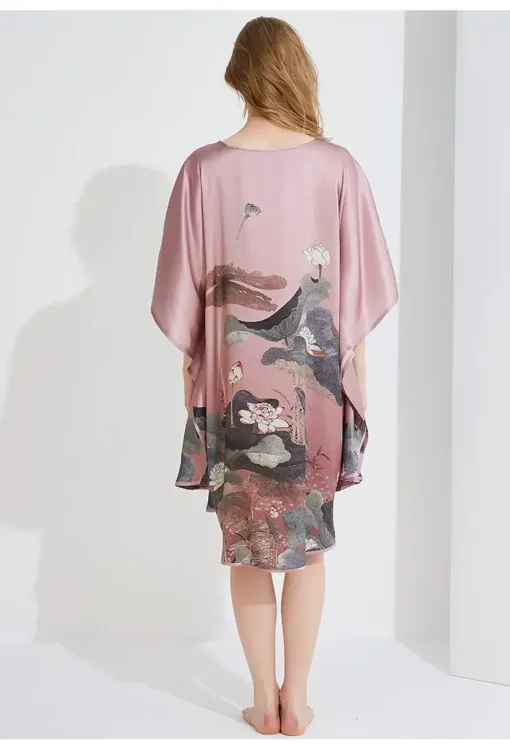 Silke Batwing Natkjole 100% silke 19momme, Lotus Blomster farve gammel rosa