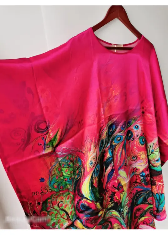 Silke Natkjole med Batwing, 19momme silke Rose - Pink-mørk pink- grøn-blå farver