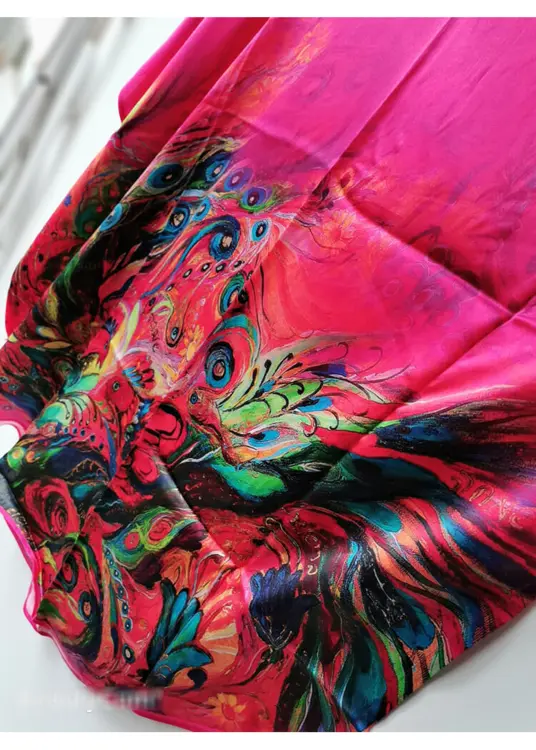Silke Natkjole med Batwing, 19momme silke Rose - Pink-mørk pink- grøn-blå farver