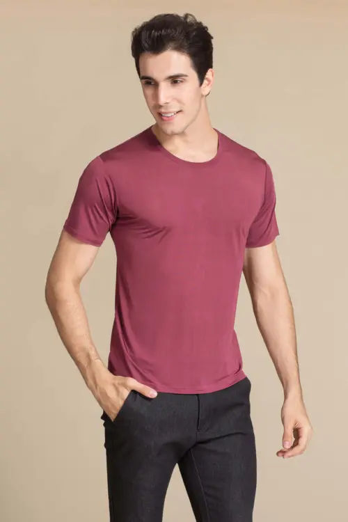 Silke t-shirt, 100% mulberry silke, unisex, vinrød