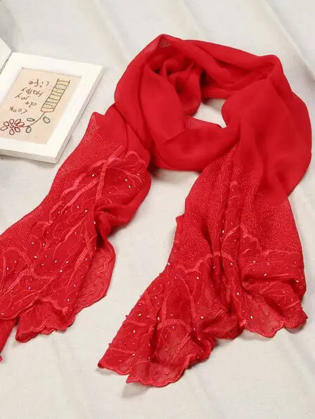 Silke tørklæde med broderi rødt 100% silke