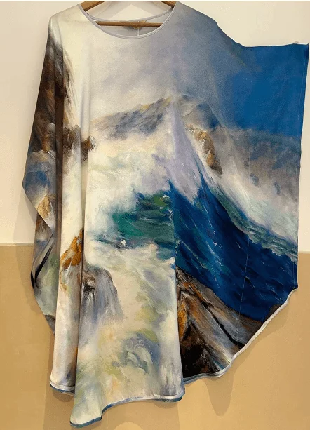 Silke Batwing Natkjole 100% silke 19momme, ink painting mønster