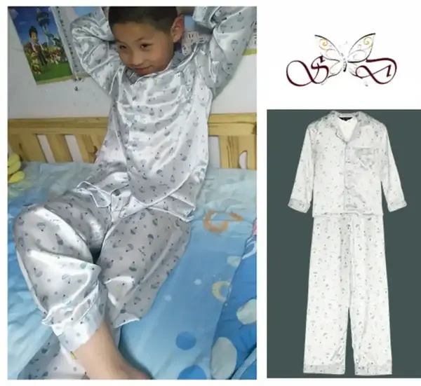 Silk pajamas azure blue balloon print for children 100% silk
