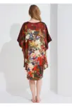 Silke Batwing Natkjole 100% silke 19momme, phoenix Bourgogne med masser af flotte blomster